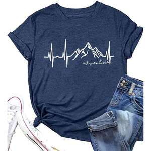 Women  Graphic Tees Mountain Adventure Shirts Heartbeat Hiking Camping Top-Navy